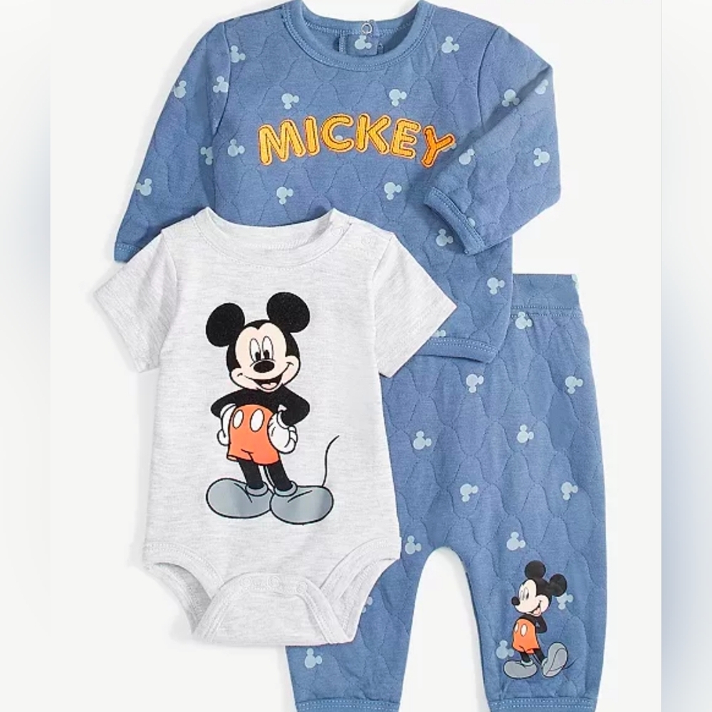 Disney Baby Boys Mickey Mouse Quilted Shirt, Bodysuit & Pants 3 Piece Set